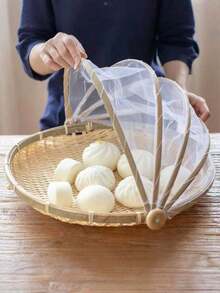 1pc Handwoven Food Service Tent Basket Tray, Fruit Outdoor Cover Insect Bamboo Woven Storage Basket Picnic Scoop Tool - Wood Color - View 9