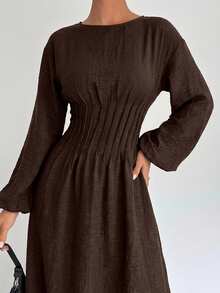 Firerie Women's Casual And Elegant Fitted Waist Long-Sleeved Dress, Burgundy Dress / Fitted Waist Dress / Linen Dress / Vintage Style Dress / Summer Dresses / Spring Outfit Women / Everyday Work Dress / Valentines Day Dress / Casual Dress For Women / Red Dresses For Women - Brown - View 5
