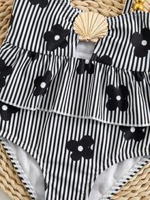 SHEIN Baby Girl Metal Shell Decor Floral Print Striped Color Block Cami One-Piece Swimsuit - Multicolor - View 4