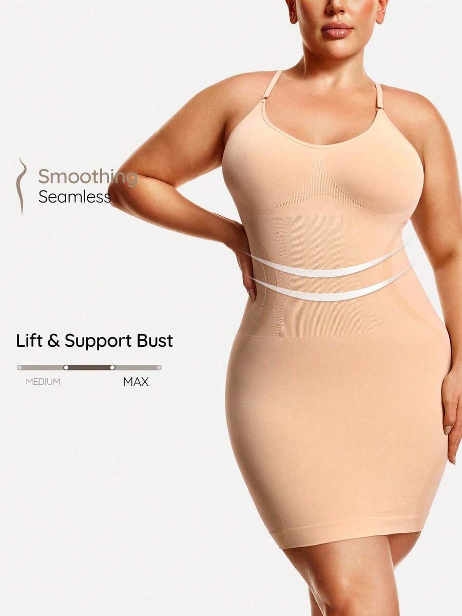 SHEIN Vestido de tubo de unicolor de verano con tirantes elásticos para tallas grandes - Beis - Ver 1