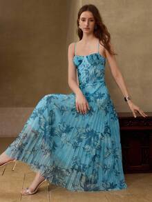MOTF PREMIUM GAUN SLIP LIPIT MOTIF BUNGA UNTUK KENCAN KASUAL MUSIM PANAS WANITA - Biru - View 2