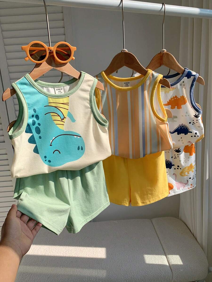 SHEIN 男女嬰兒/男嬰 3件套 春夏休閒可愛圖案配色上衣與短褲套裝,男嬰套裝,男嬰夏季服飾 - 黃色 - 查看 1
