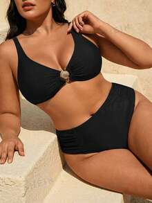 Swim Vcay Plus Size Women's Solid Color Accessory Strap Minimalist Tankini Top With Ruched Triangle Bottoms, Casual Vacation Swimwear Set - Black - View 1