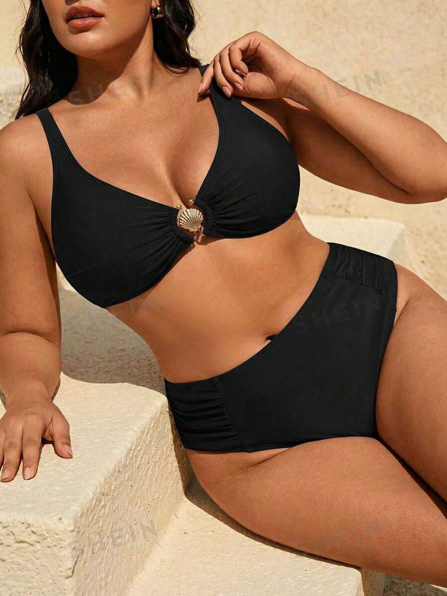 Swim Vcay Plus Size Women's Solid Color Accessory Strap Minimalist Tankini Top With Ruched Triangle Bottoms, Casual Vacation Swimwear Set - Black - View 1