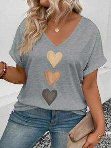 EMERY ROSE Camiseta casual versátil para mujer con cuello en V, manga con puño y estampado de corazones degradados, primavera/verano - Gris - Ver 4