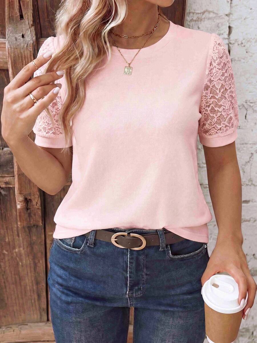 EMERY ROSE Women's Spring/Summer New Hot-Selling Lace Patchwork Design Casual Versatile Plus Size T-Shirt - Pink - View 1