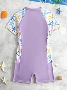 SHEIN 青少年女孩海星印花短袖連身泳衣，適合海灘度假、泳池派對、海灘派對 - 彩色 - 查看 2
