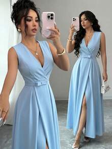 SHEIN Raffinéa Summer Elegant Women's Sleeveless Cross Neckline Bow Waist Decor Blue Dress, Office Attire, Commuter Wear, Outing Outfit, Party Dress, Graduation Prom Dress, Back To School Season Outfit, Guest Elegant Attire - Blue - View 2