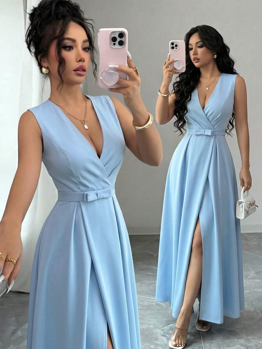 SHEIN Raffinéa Summer Elegant Women's Sleeveless Cross Neckline Bow Waist Decor Blue Dress, Office Attire, Commuter Wear, Outing Outfit, Party Dress, Graduation Prom Dress, Back To School Season Outfit, Guest Elegant Attire