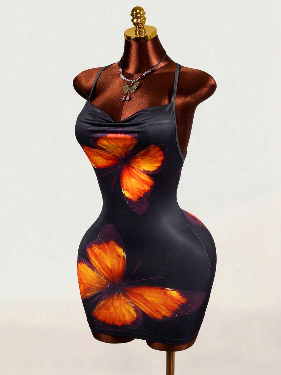 Mistrie Summer Sexy 90s Fairycore Y2k Lace-Up Butterfly Print Bodycon Knit Mini Dress Clubbing Night Out Party Black And Orange - Multicolor - View 1