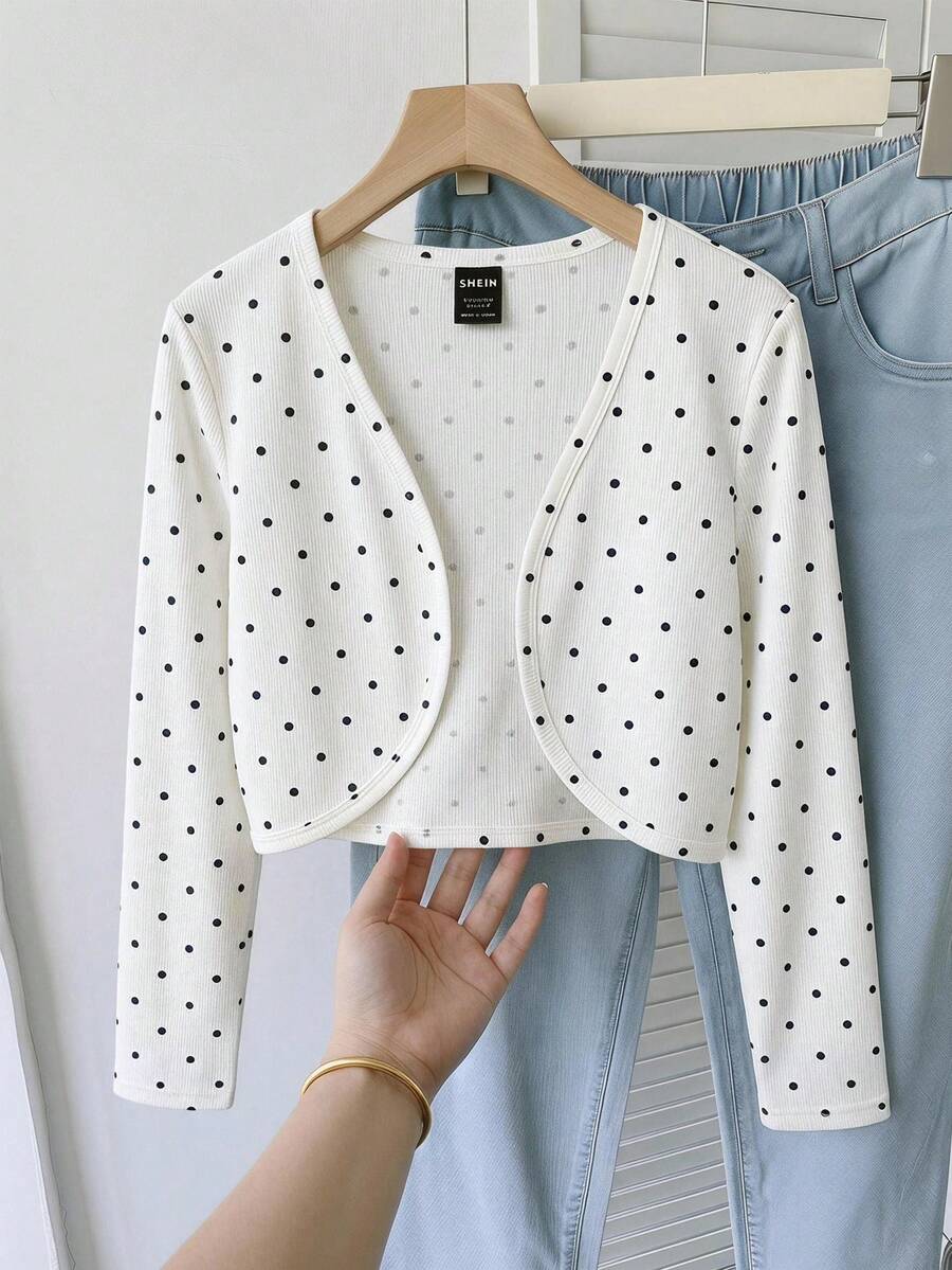 SHEIN 青少年女孩休閒波點開襟外套 - 彩色 - 查看 1