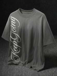 Manfinity EMRG Men's Round Neck Dropped Shoulder Letter Print Gradient Casual Versatile Loose Fit T-Shirt - Grey - View 1
