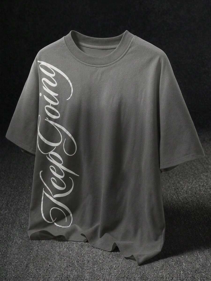 Manfinity EMRG Men's Round Neck Dropped Shoulder Letter Print Gradient Casual Versatile Loose Fit T-Shirt - Grey - View 1
