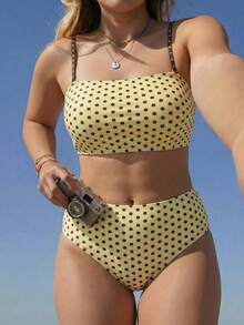 Swim Mod 2026 New Spring/Summer Plus Size 2-Piece Reversible Polka Dot Random Print Bandeau Bikini Set With Detachable Shoulder Straps For Women Beach Vacation - Multicolor - View 4