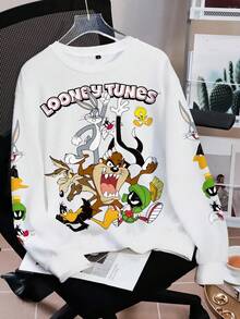LOONEY TUNES X SHEIN 男士秋季休闲卡通字母图案圆领卫衣 - 白色 - 查看 3