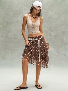 Bohemela Casual Boho Woven Printed Ruffle Hem Loose Asymmetrical Skirt Women's Skirt Vacation Brown Polka Dot Summer - Multicolor - View 6