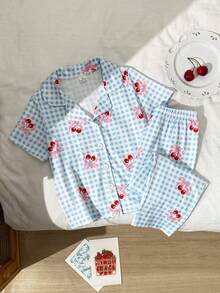 Sommer Herbst Mädchen Kleinkind Pyjama Set, weiches bequemes flammhemmendes Milchseidenstoff, modisches süßes Schleife Kirsch KaroMuster, blaue Revers Strickjacke Kurzarm lange Hose 2 Teile Loungewear - Blau - Übersicht 2