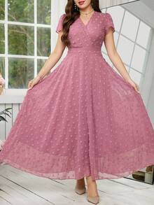 Reflora Gaun Wanita Ukuran Besar Elegan dengan Motif Bunga, Gaun untuk Tamu Pernikahan Musim Panas - Dusty Pink - View 4