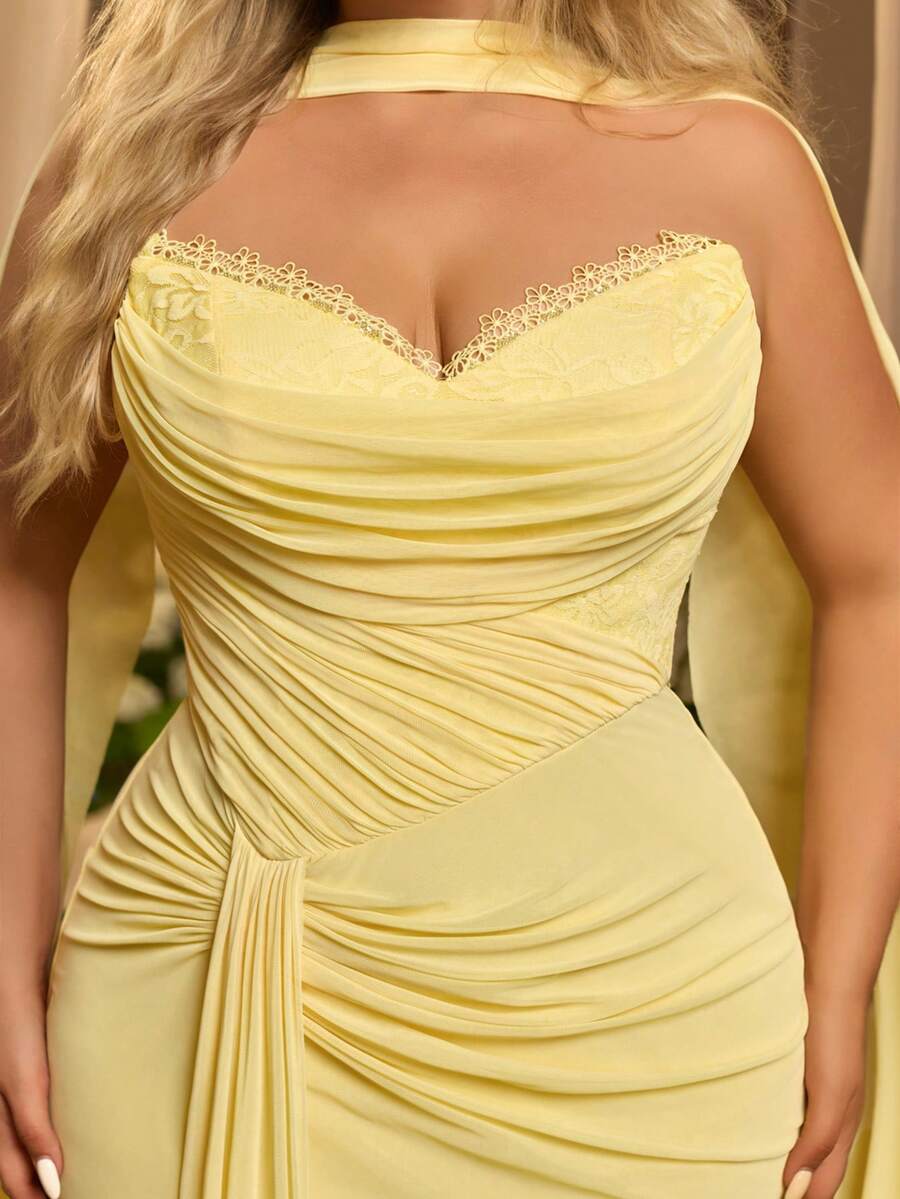 Glamrae Plus Size Elegant Glamorous Luxurious Sequin Lace Embroidery Patchwork Stretch Knit Mesh Off-Shoulder Sleeve Oversized Flare Wedding Event Formal - Yellow - View 1