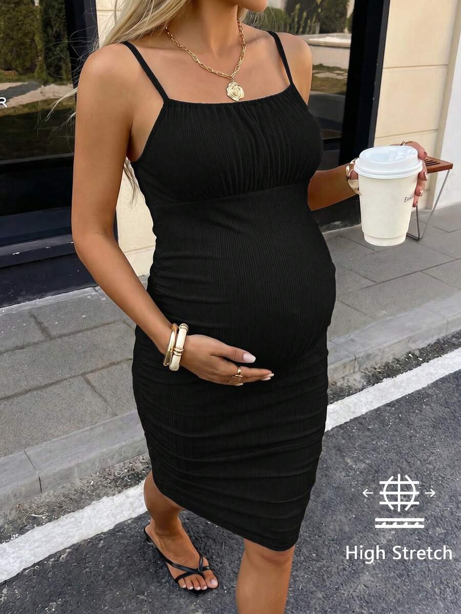 SHEIN Maternity Ribbed Solid Color Ruched Fitted Camisole Dress Photoshoot Black Summer Maternity Casual - Black - View 1