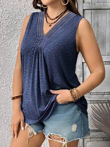 EMERY ROSE Plus Size Women's Solid Color Casual V-Neck Water-Soluble Lace Patchwork Sleeveless Knit Tank Top - Navy Blue - View 5