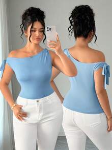 SHEIN LUNE Plus Size Women Solid Color Twist Front Slim Fit T-Shirt - Blue - View 3
