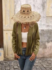 Brillora Women's Solid Color Tassel Design Casual Versatile Daily Outing Open Front Long Sleeve Jacket - Green - View 7