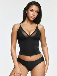 SHAPORA Top con base de malla, ribete de encaje y tirantes ajustables sin relleno, de unicolor - Negro - Ver 4