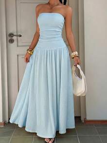 SHEIN EZwear Gaun Bandeau Berlipit Tekstur Warna Polos Ukuran Plus Wanita - Baby Blue - View 5