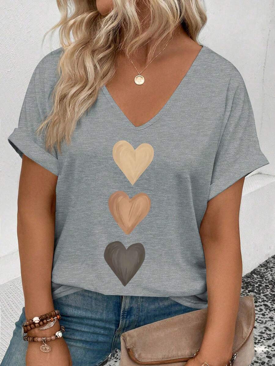 EMERY ROSE Camiseta casual versátil para mujer con cuello en V, manga con puño y estampado de corazones degradados, primavera/verano - Gris - Ver 1