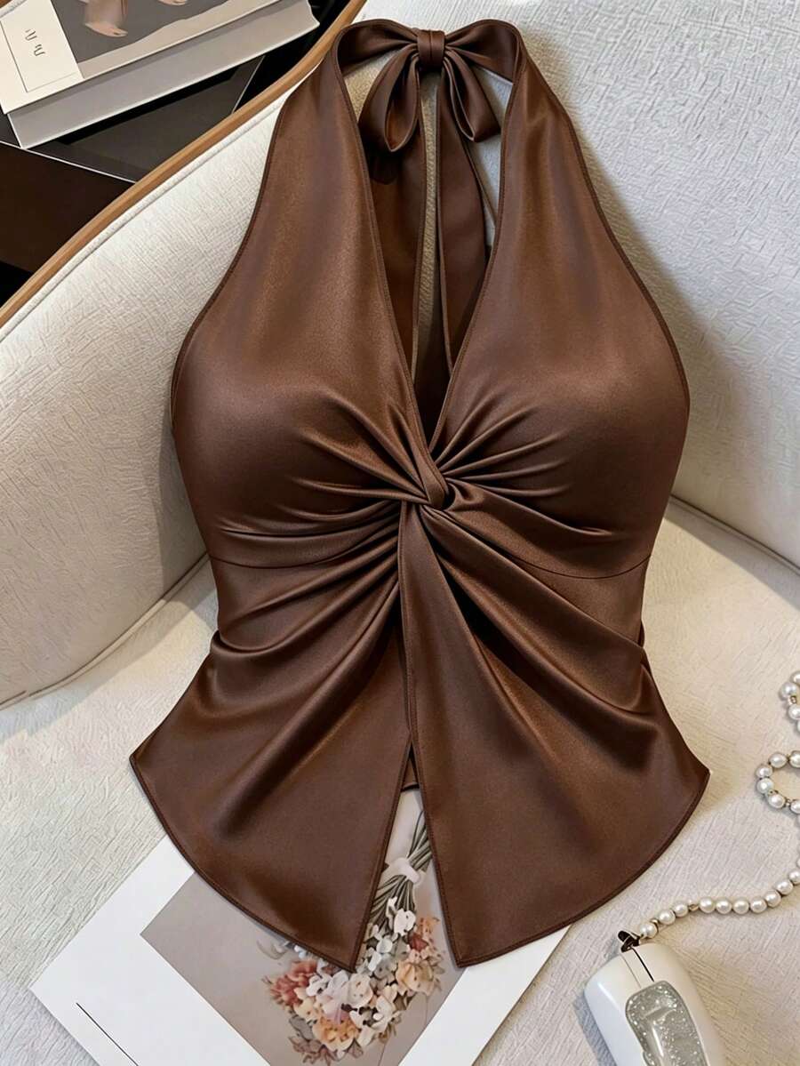 GlowEve 女款時尚掛脖扭結不對稱下擺開衩背心,彈性針織上衣,適合派對、約會、聚會、婚禮季、節日慶祝,四季皆宜,適合日常休閒穿搭、通勤上班、度假日常 - 棕色 - 查看 1