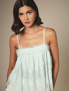 KSTM Top de verano con tirantes de encaje, cuello cuadrado, volantes escalonados y fluido para fiestas - Verde - Ver 4