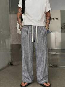 STEELVANCE Men's Striped Pattern Drawstring Waist Loose Casual Long Pants - Grey - View 3