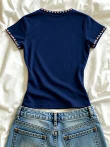 Resyla Camiseta corta de mujer con bordado y patchwork floral - Azul Marino - Ver 2