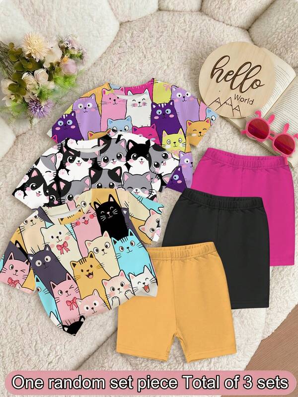 Baby Girl Simple Casual Cute Cartoon Cat Print Round Neck Short Sleeve T-Shirt And Tight Leggings Set, Suitable For Spring And Summer, Cozy Spring And Summer Styles, Squishy, Summer Outfit Sets