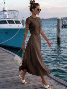 Editum Women's Summer Casual Elegant Solid Color Shirt And Skirt Two Pieces Set Office Vacation Wear, Boat Trip Holiday Outfits, Festival Party Coffee Brown - Coffee Brown - View 6