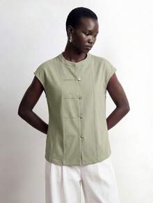 Aalyst Fashion Women's Green Knit Small Collar Short Sleeve T-Shirt Top - Green - View 6