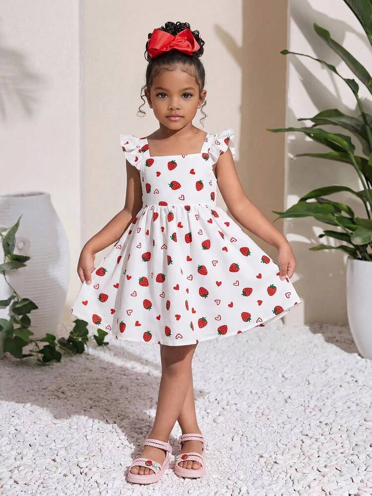 SHEIN Young Girl Strawberry Bow Knot Pring Cami Dress For Spring Summer Vacation - White - View 2