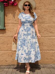 EMERY ROSE Plus-Size Women's Round Neck Pleated Print Celestial 1950s Vintage 1920s Brunch Formal Wedding Cocktail Evening Guest Dress Summer All White - Multicolor - View 3