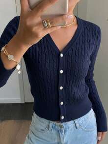 DAZY Women's Casual Twist Knit Cardigan With Single-Breasted Button Closure, Long Sleeve, Autumn/Winter - Navy Blue - View 7