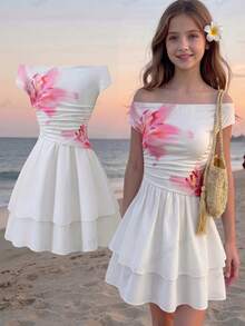Tween Girl Floral Print Ruffle Layered Off-Shoulder Dress - Multicolor - View 2