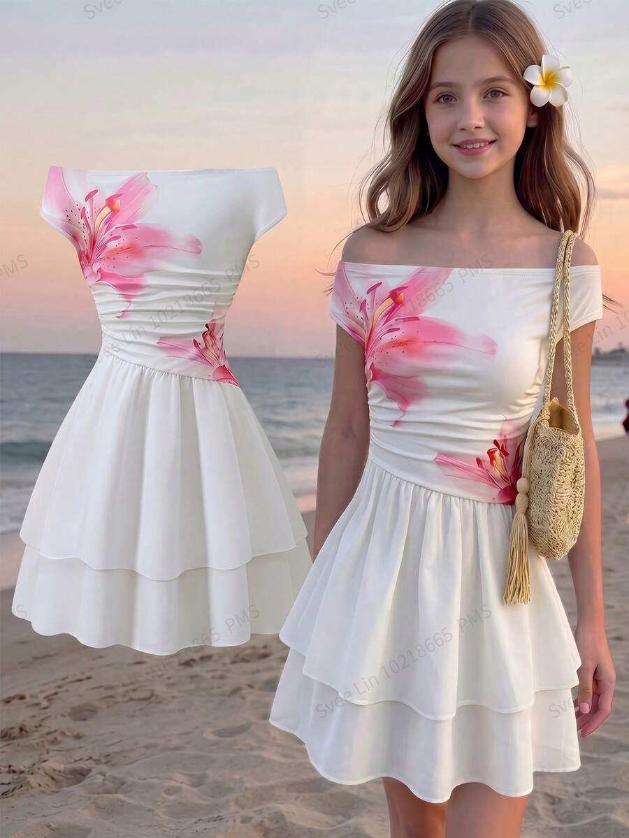 Tween Girl Floral Print Ruffle Layered Off-Shoulder Dress