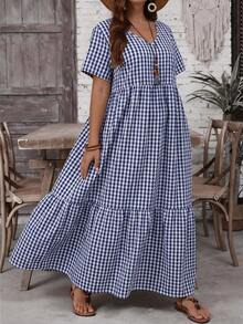 EMERY ROSE Gaun Kasual Musim Panas Wanita Ukuran Besar Motif Gingham Leher V Lengan Pendek dengan Hem Berkerut, Biru dan Putih, Boho, Liburan, Hari Ibu, Pakaian Konser Country Barat - Biru - View 4
