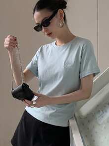 DAZY Letter Embroidery Drop Shoulder Tee Summer Preppy Tops - Baby Blue - View 13