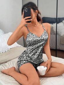 SHEIN Faux Silk Leopard Print Camisole Tank Top And Shorts Pajama Set - Grey - View 4