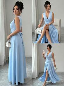 SHEIN Raffinéa Summer Elegant Women's Sleeveless Cross Neckline Bow Waist Decor Blue Dress, Office Attire, Commuter Wear, Outing Outfit, Party Dress, Graduation Prom Dress, Back To School Season Outfit, Guest Elegant Attire - Blue - View 7
