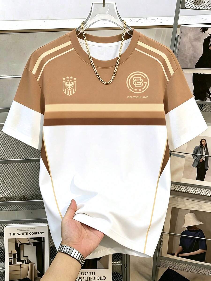 Manfinity Joysei Men's Minimalist Versatile Striped Color Block Short Sleeve Crew Neck T-Shirt - Khaki - View 1