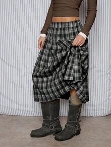 COUREZ Low Rise Check Midi Skirt / Y2K Spring Clothes For Women Cute Cottagecore Skirts 2 Piece Sets Valentines Day Outfit Date Night Going Out Outifts - Dark Grey - View 5