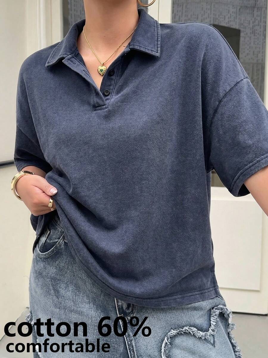 Muchica Summer Casual Vintage Navy Blue Plus Size T-Shirt Graduation - Navy Blue - View 1