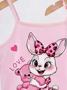 [Enviado al azar 1 set]Pijama para niñas preadolescentes de verano, nueva moda, lindo estampado de conejo de dibujos animados, moño y corazón, top de tirantes de punto con volantes y shorts con estampado integral, conjunto de pijama de 2 piezas 1 set (enviado al azar) - Multicolor - Ver 3